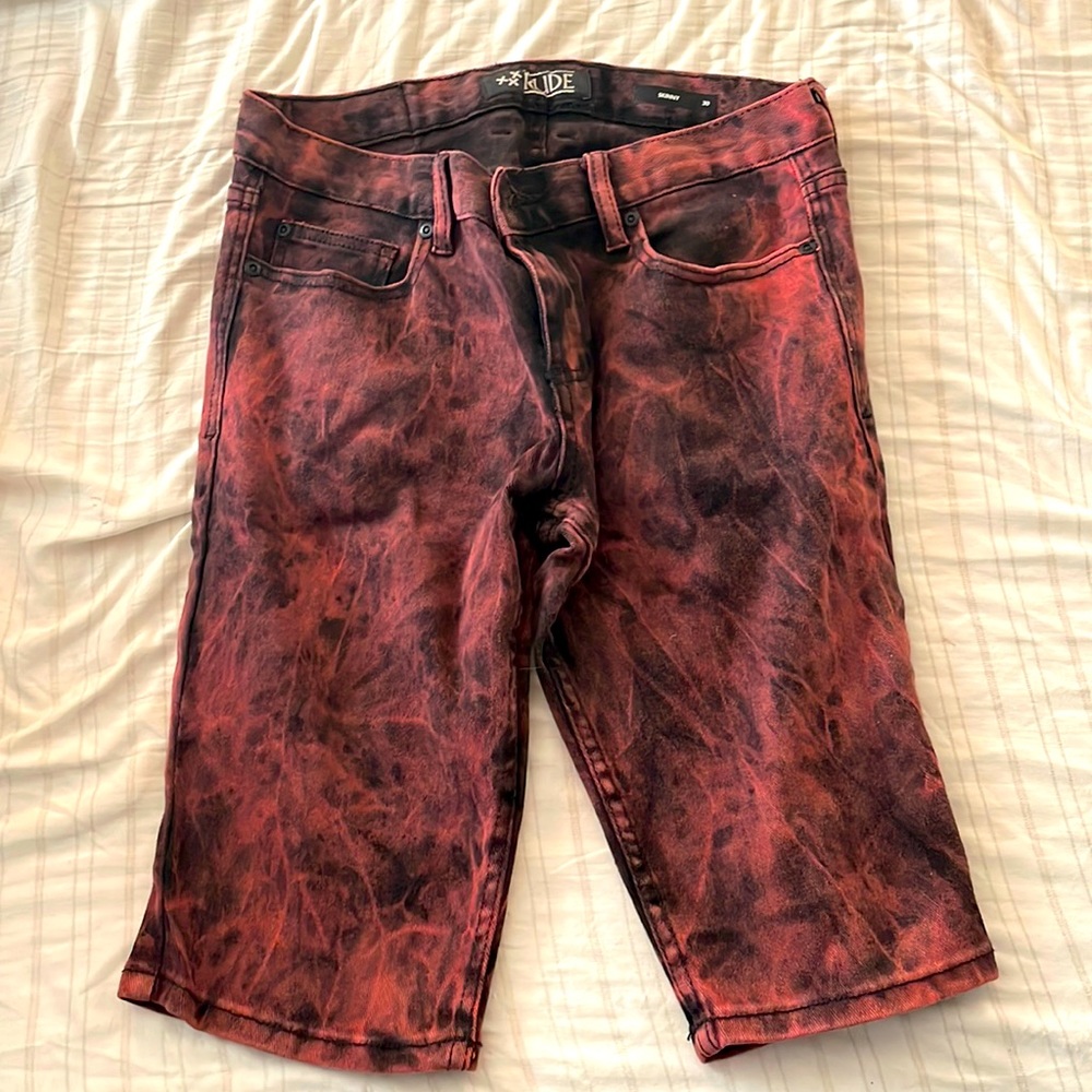 XXX RUDE skinny 30 Jean shorts red/black specialty from hot topic